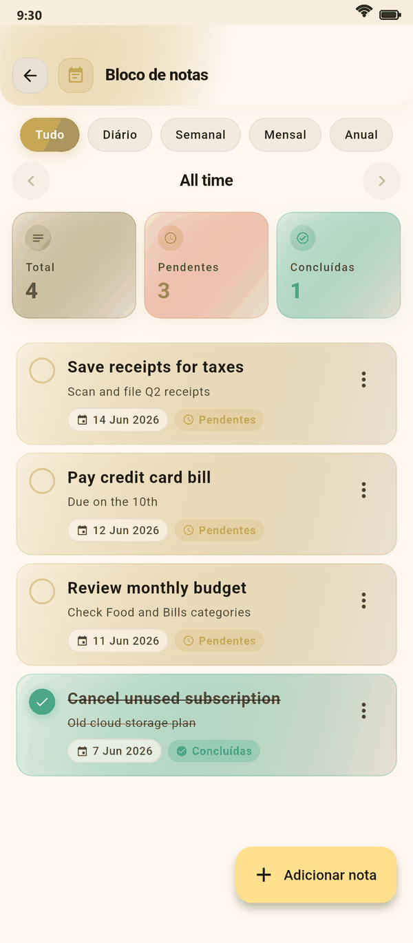 Acompanhe com o bloco de notas — Coinly captura de tela